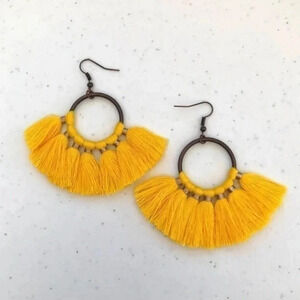 Big Yellow Boho Bronze Fan Tassel Earrings NWT